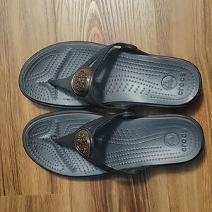 Crocs Thong Sandals Embellished Flip Flops Comfortable Black Women's 7